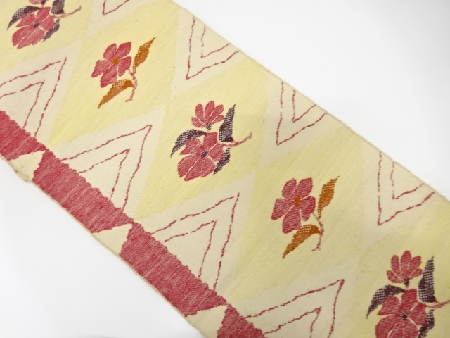 手織り真綿紬　菱に花模様織り出し　名古屋帯